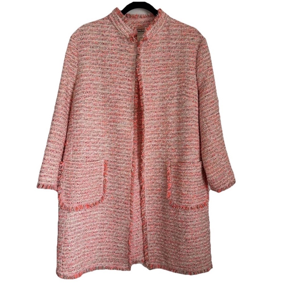Neiman Marcus Coat Womens L Tweed Boucle Fringe Open Mid Length Metallic Church